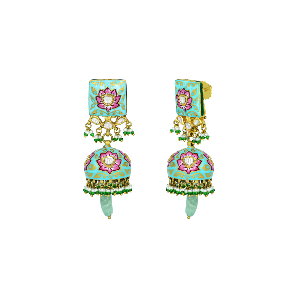 Lotus Enamel Jhumkas with Polkis and Russian Emerald Drops